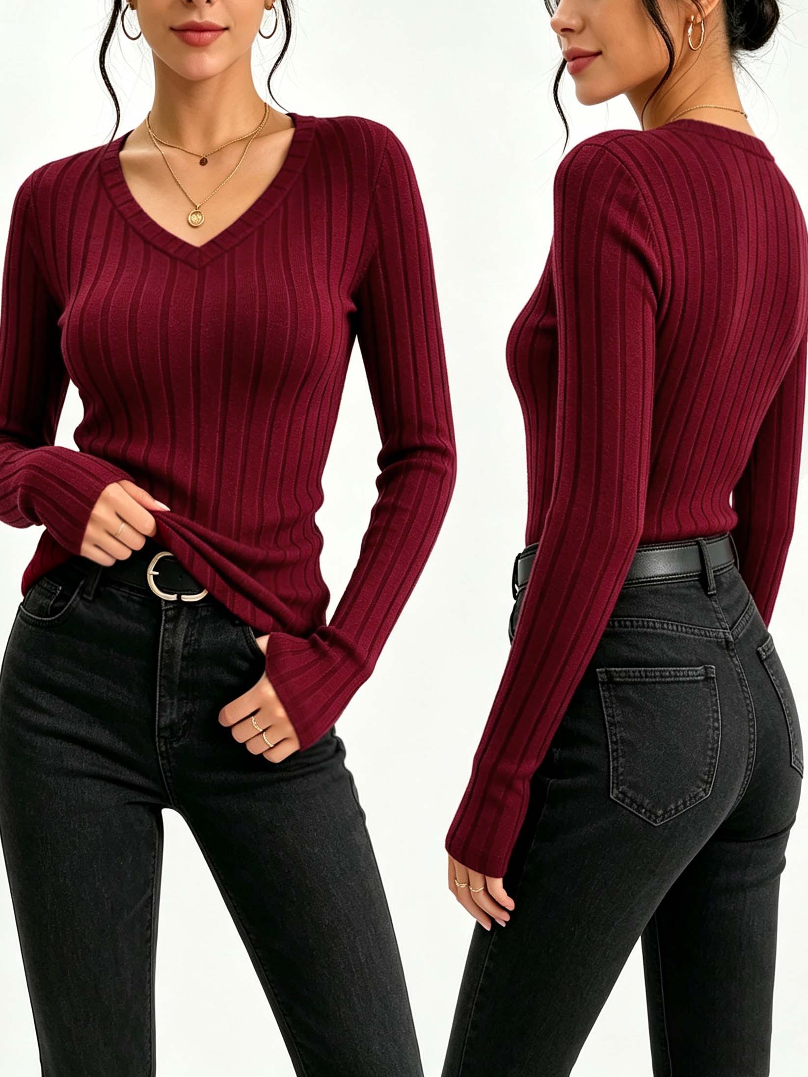 Winter Clothing For Women - Женская однотонная трикотажная футболка с V-образным