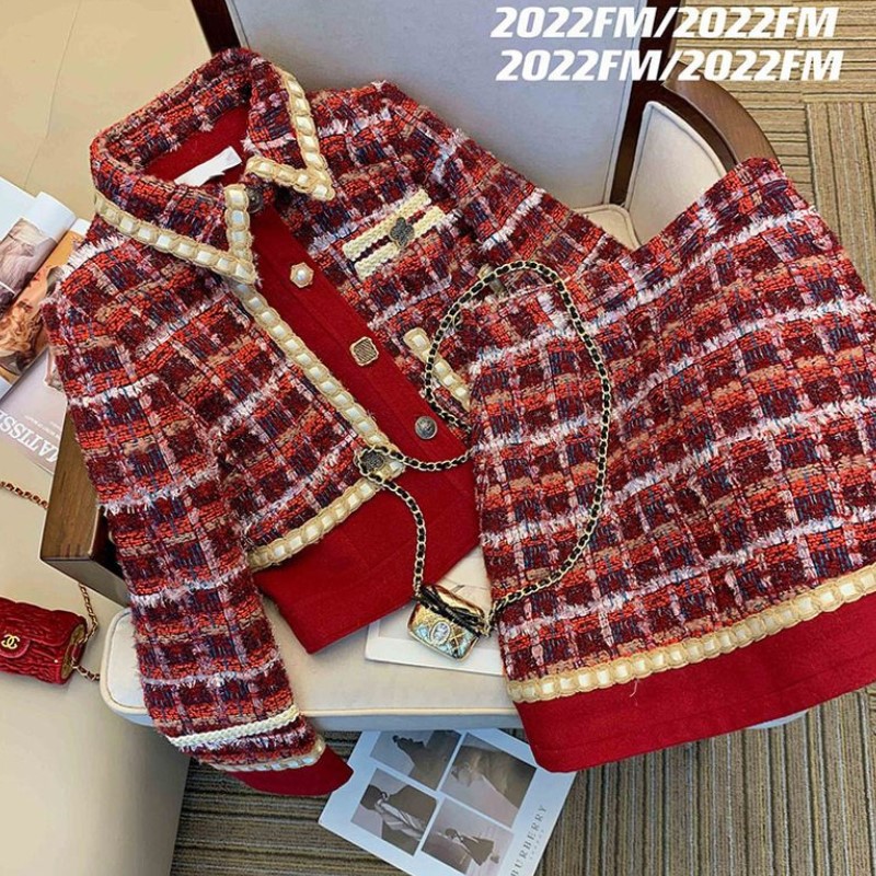 Winter Clothing Vintage - Женский жаккардовый костюм, элегантный твидовый красный